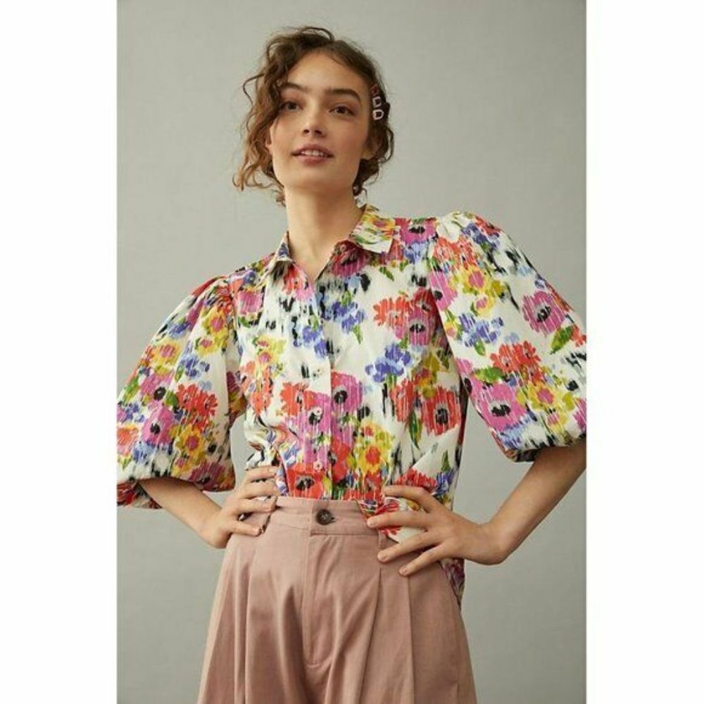 NWT Anthropologie Rachael Floral Button Down Top M Puff Sleeves